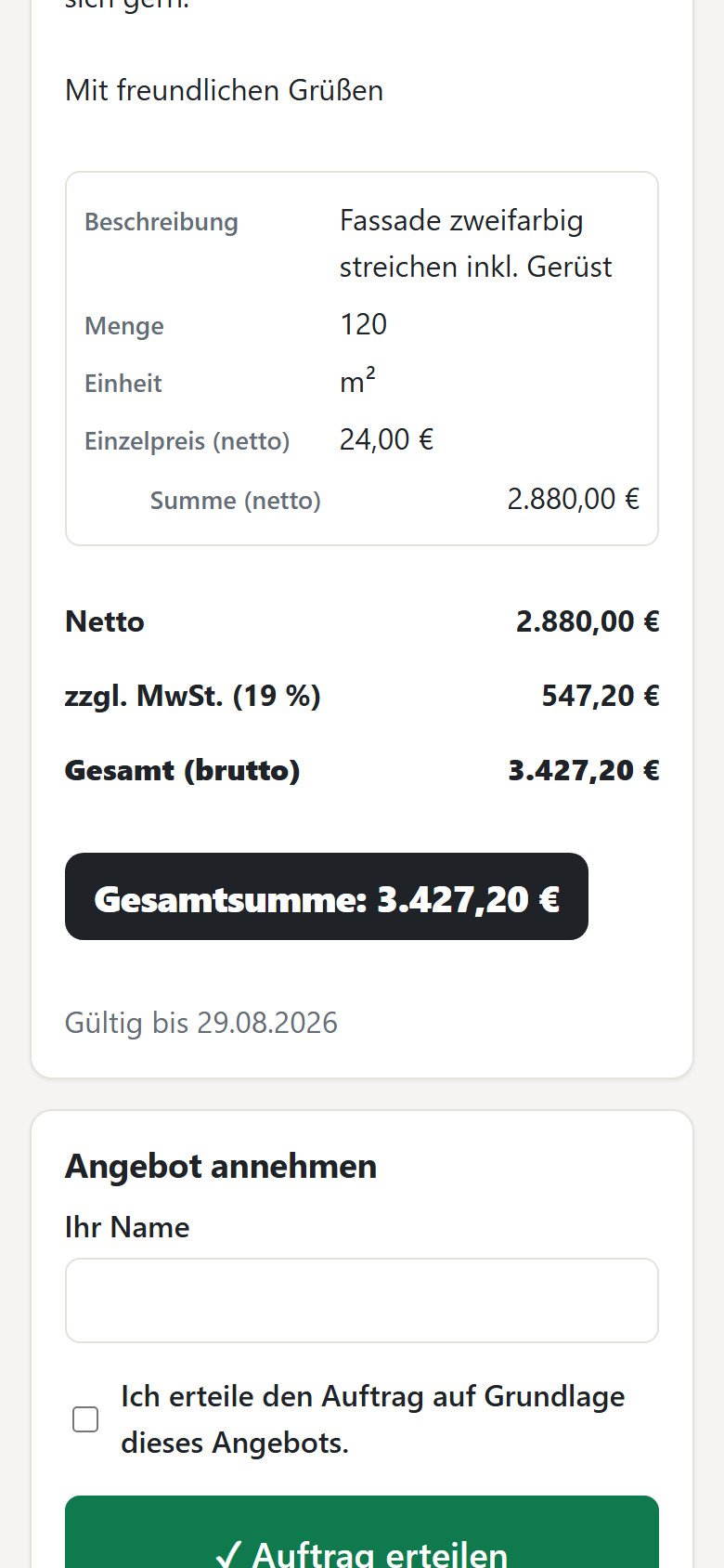 Kundenseite auf dem Handy: Angebot mit Positionen, Gesamtsumme und Button Auftrag erteilen